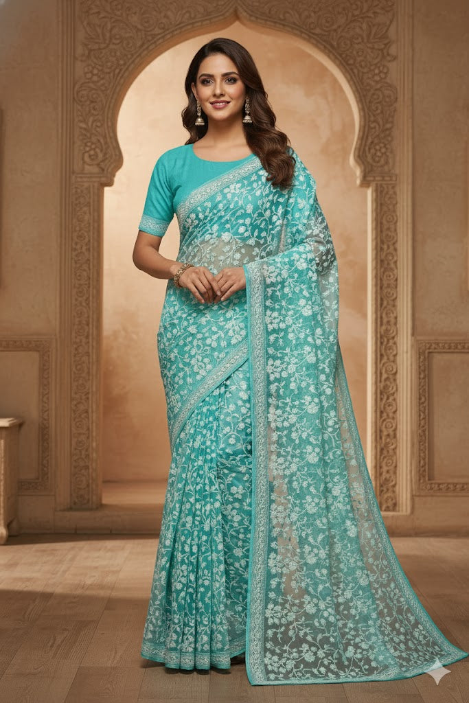 Aqua Blue Chikan kari Saree