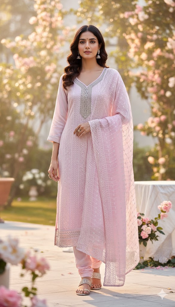 Baby Pink Chikan work Suit