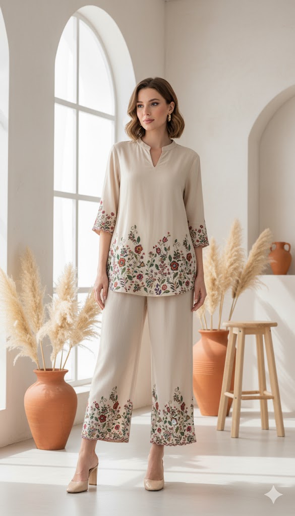 Beige Floral Linen Set 2.0