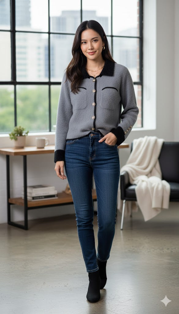 Grey Cardigan with Golden Buttons