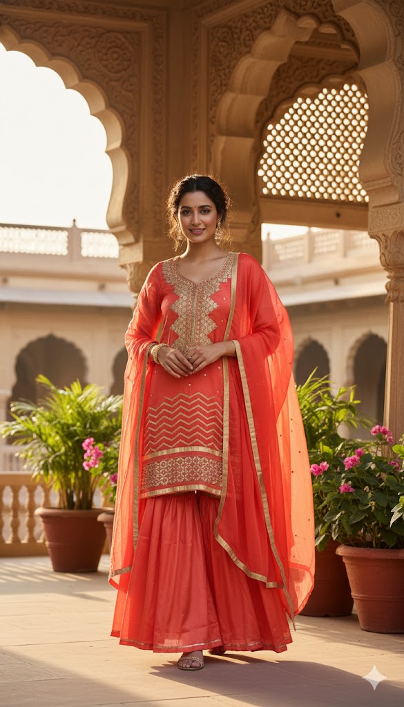 Orange Sharara Suit with Designer Back