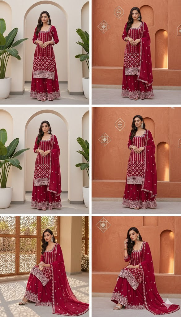 Red Plazo Suit with White Lacework