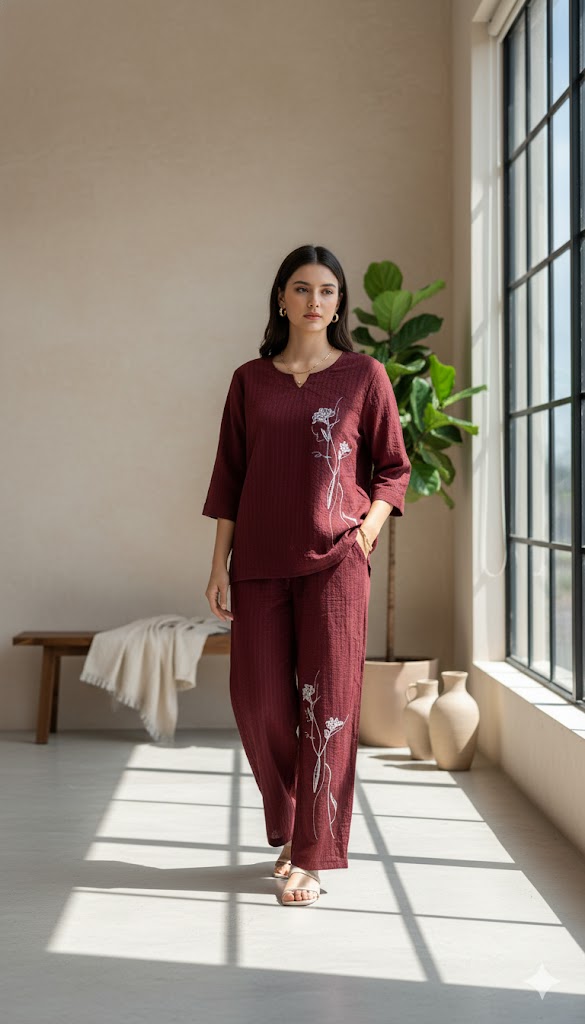 Wine Cotton Set with White Print