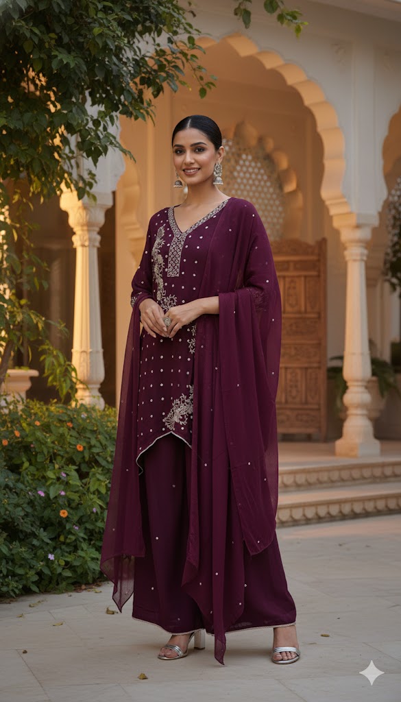 Wine Handwork Plazo Suit