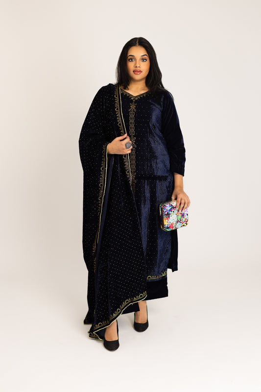 Navy blue velvet suit