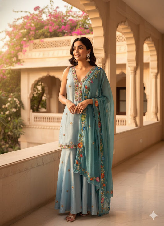Aqua Blue Designer Sharara Suit