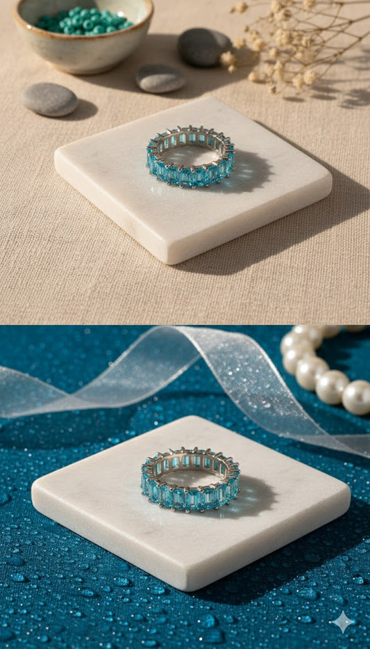 Aqua Blue Silver Band Ring