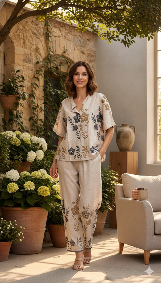 Beige Floral Linen Set