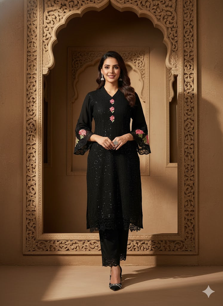 Black Pakistani Suit with Rose Embro and designer Sleeves