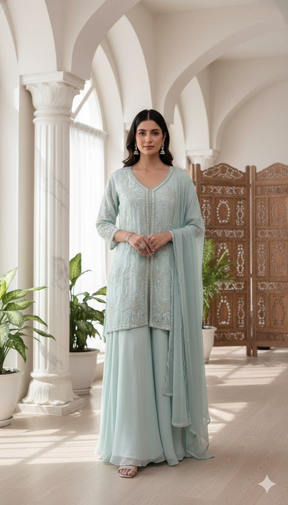 Ice Blue Handwork Plazo Suit