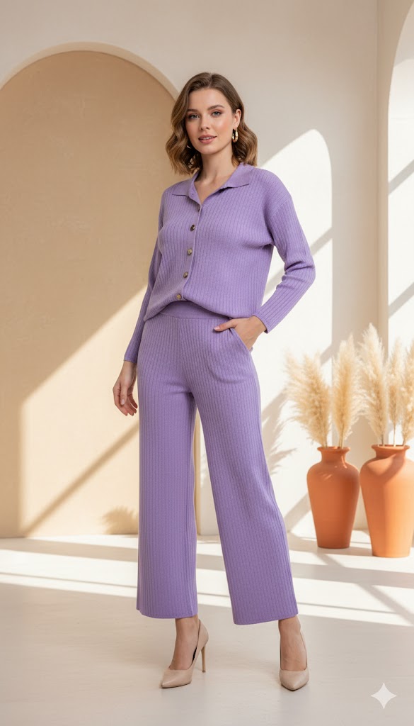 Lavender Button up Woolen Set
