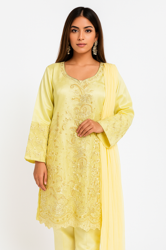 Lime Yellow Pearl Embro Suit