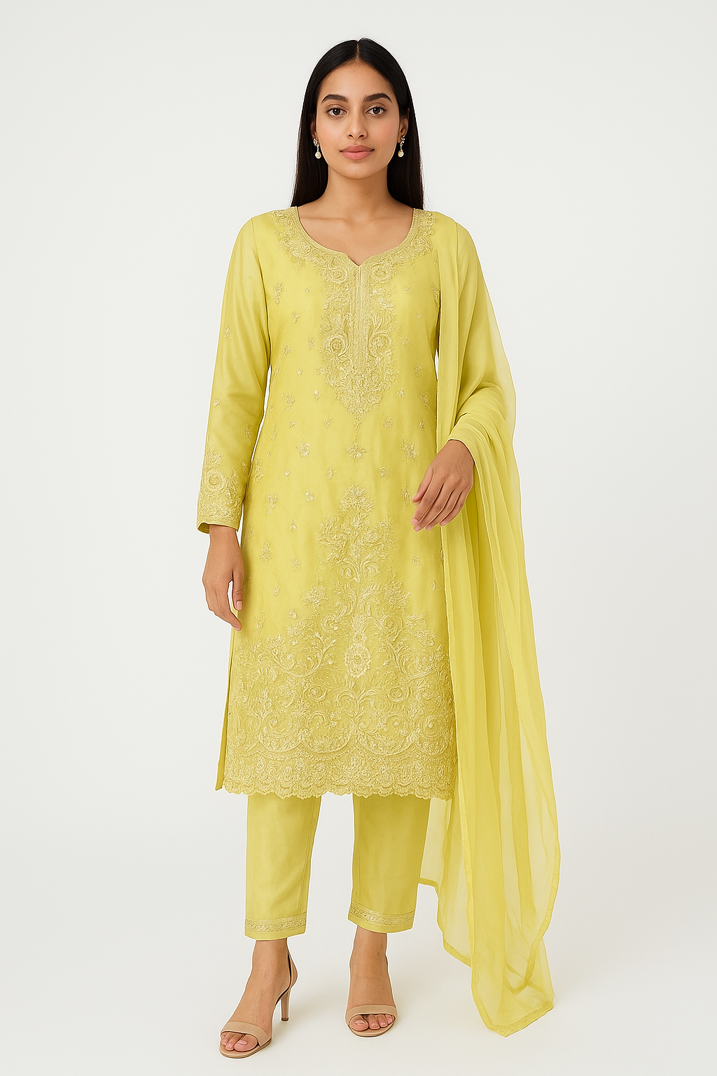 Lime Yellow Pearl Embro Suit