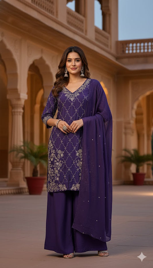 Purple Handwork Plazo Suit
