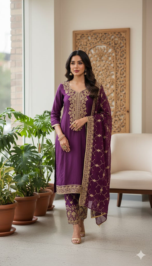 Purple Pant Suit with Golden Embro