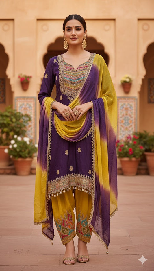 Purple Yellow Heavy Embro Suit