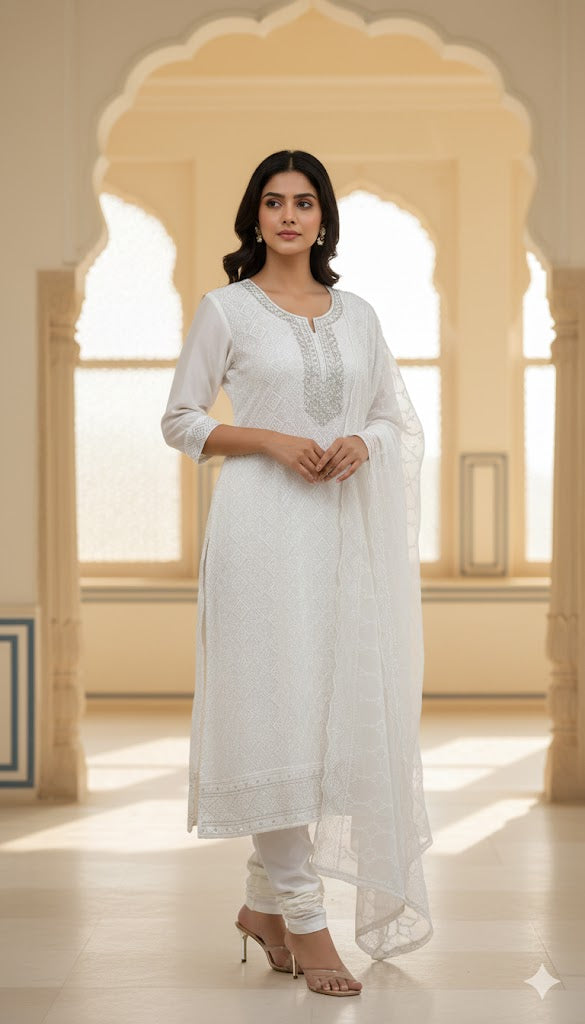 White Chikan work Suit