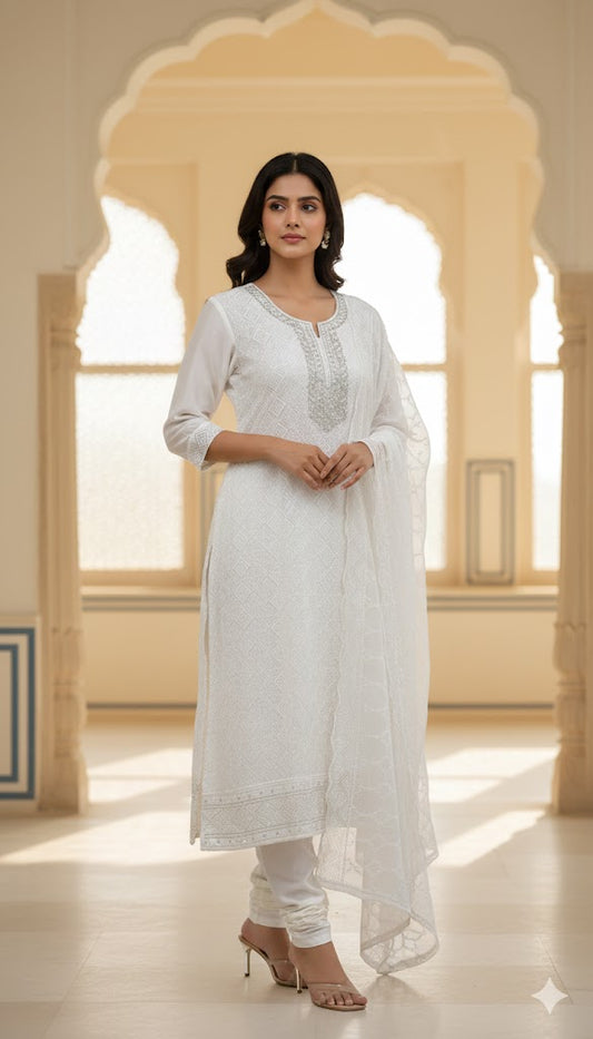 White Chikan work Suit