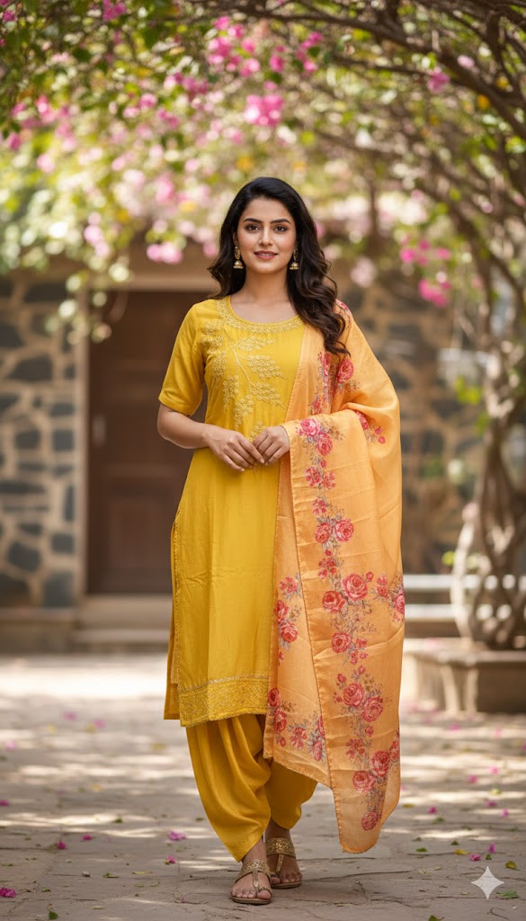Yellow Salwar Suit with Floral Dupatta